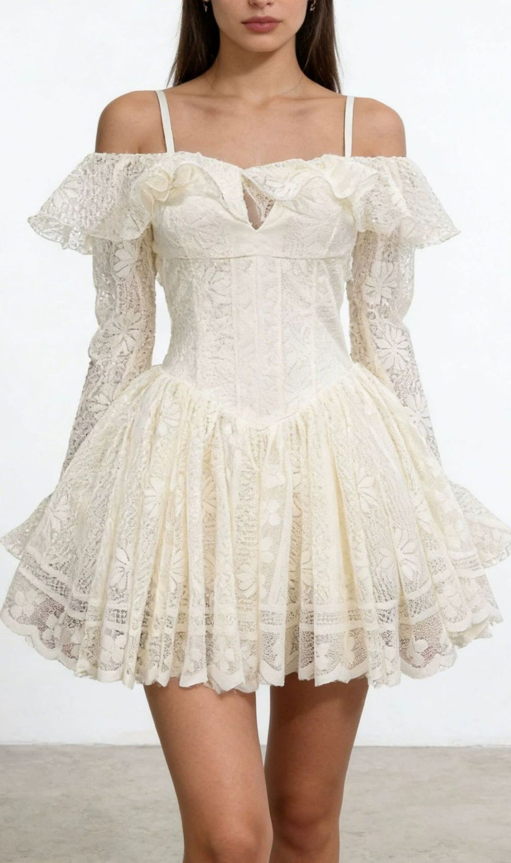 Kestrel Elegant Lace Off-Shoulder Mini Dress | Long Sleeve & Flirty Chic