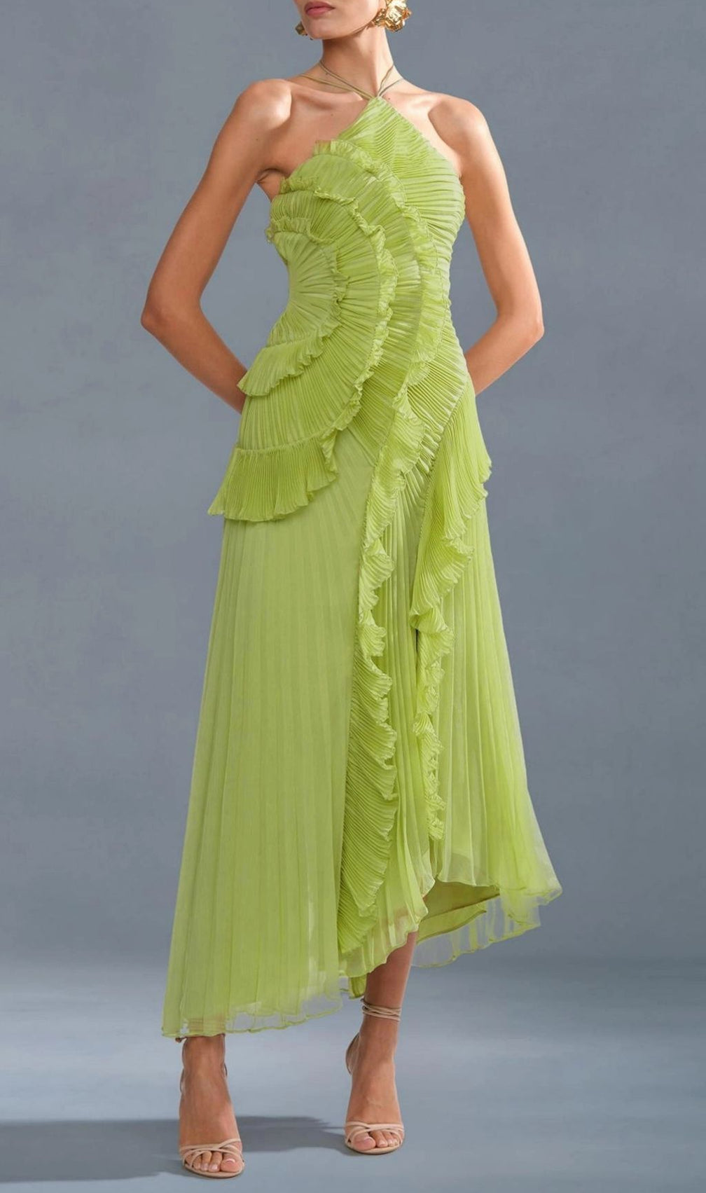 Finneas Matcha Green Halter Pleated Ruffle Maxi Dress - Elegant Resort & Event Gown