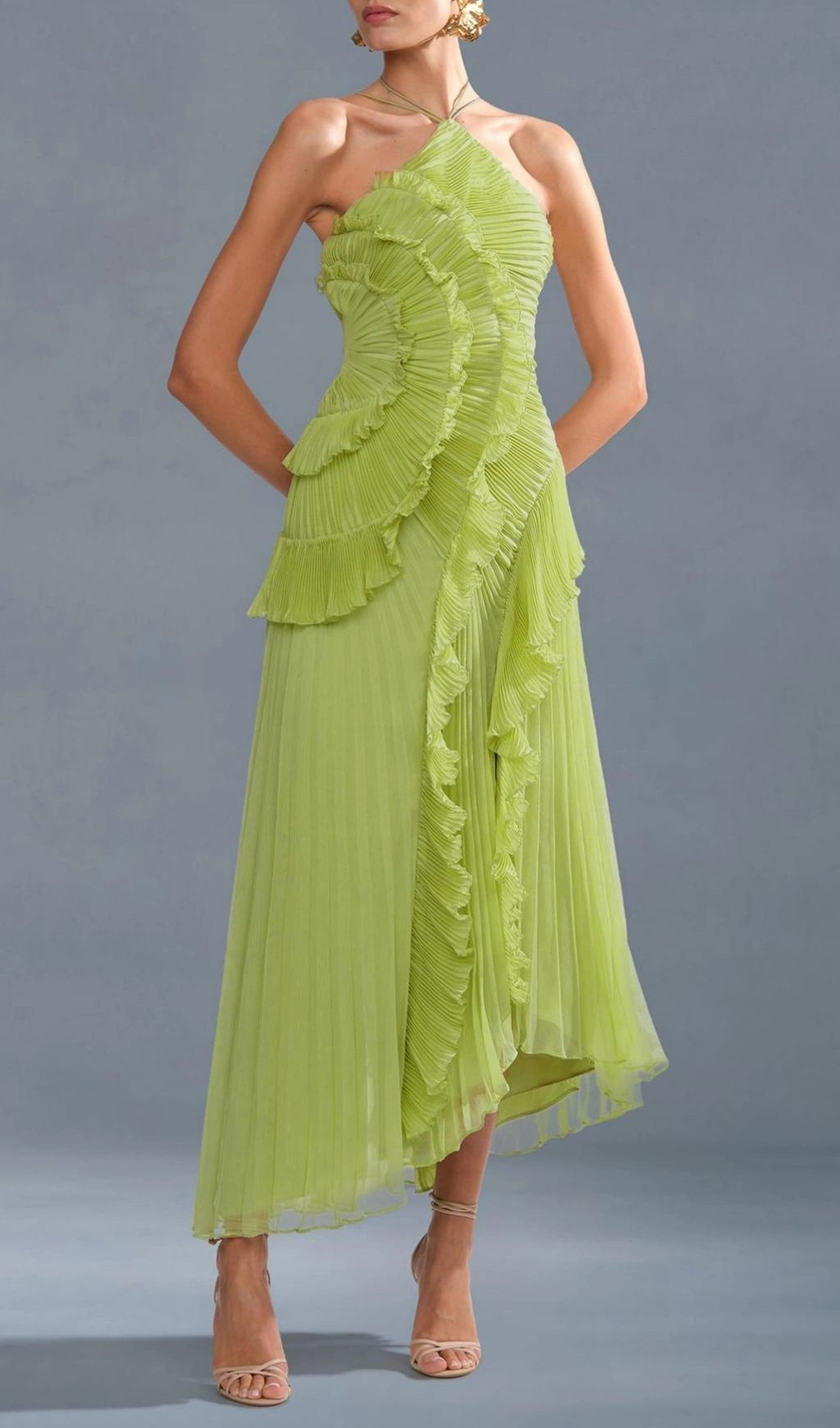 Finneas Matcha Green Halter Pleated Ruffle Maxi Dress - Elegant Resort & Event Gown