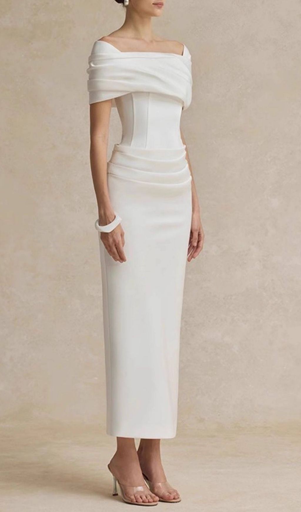 Kamar Elegant White Off-Shoulder Draped Midi Dress - Bridal & Special Occasion