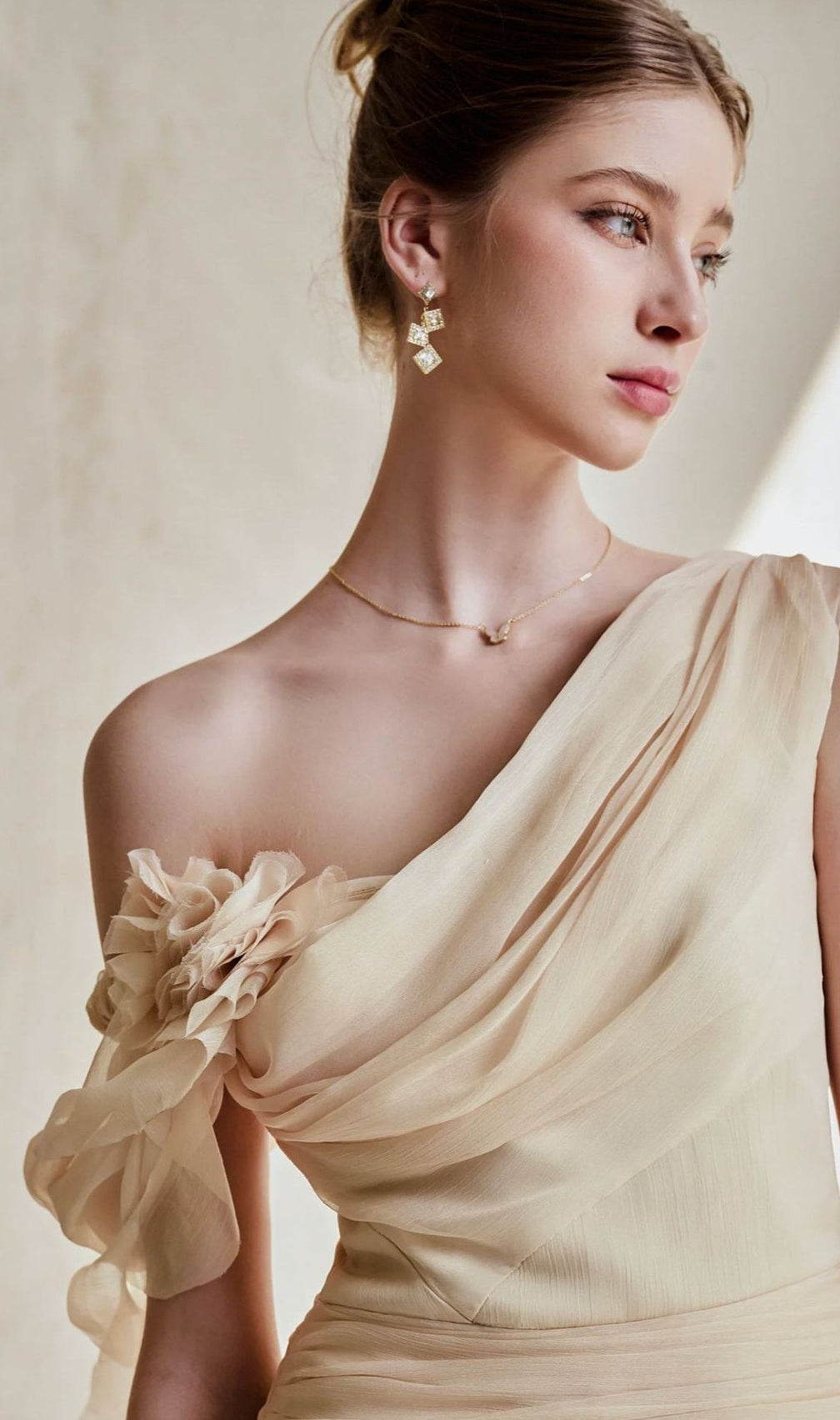 One-Shoulder 3D Flower Ruched Maxi Dress