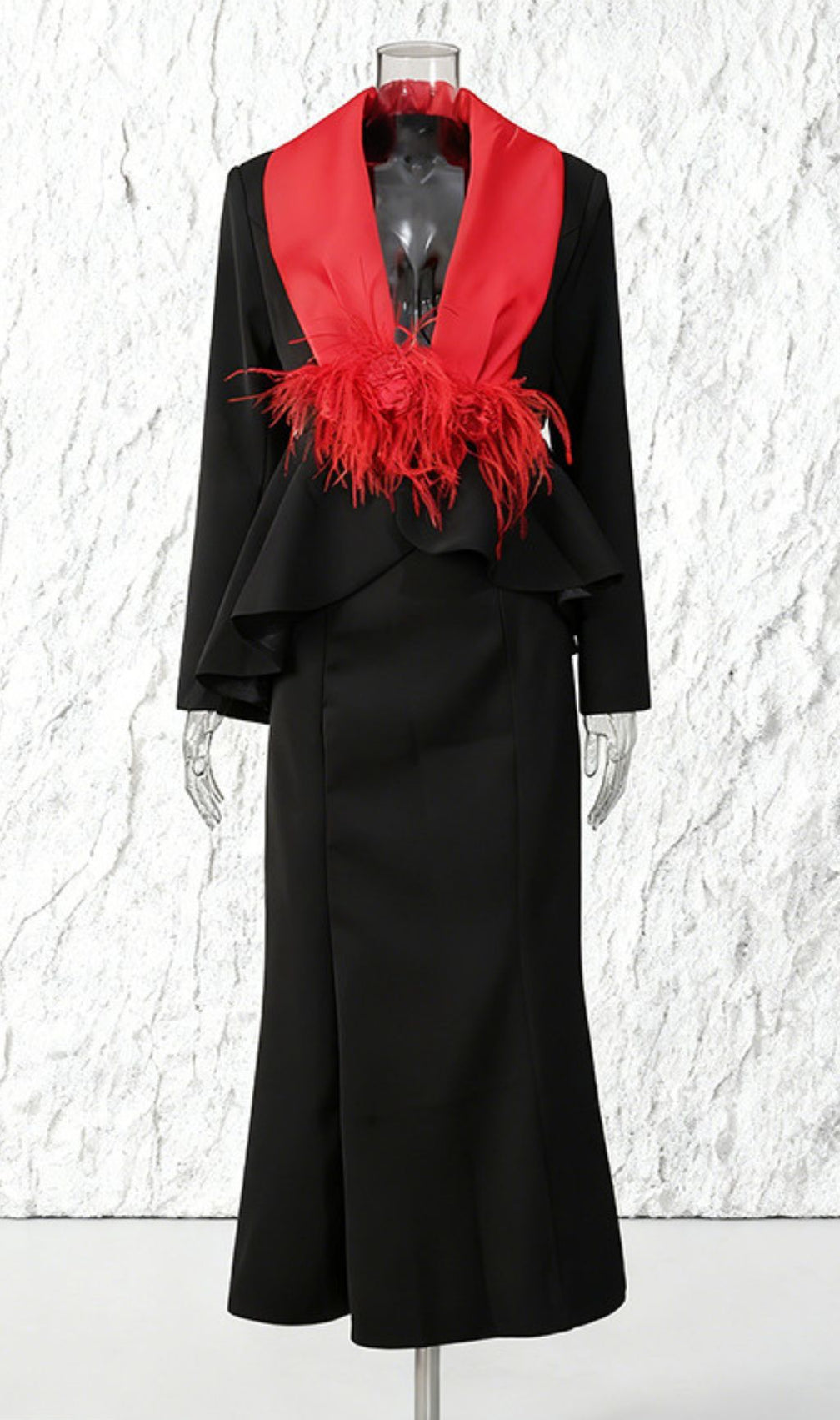 Janiya Black Peplum Blazer & Maxi Skirt Set with Dramatic Red Feather Accent
