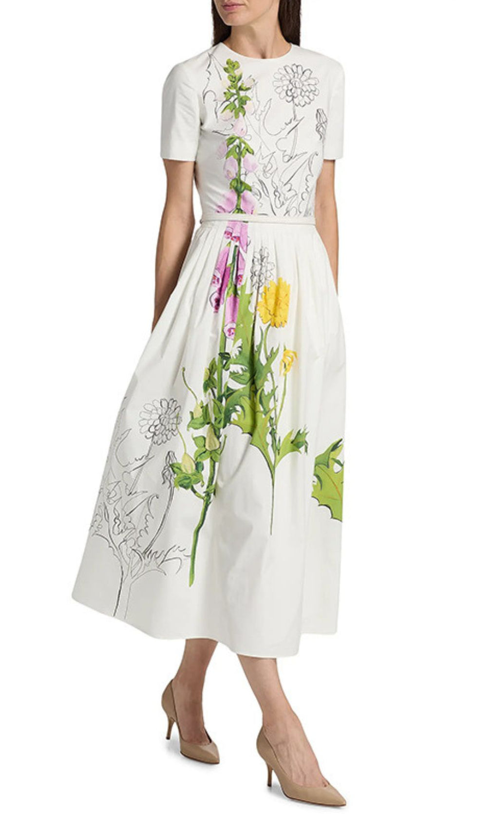 Issac White Artistic Floral Midi Dress | Botanical Sketch & Pockets