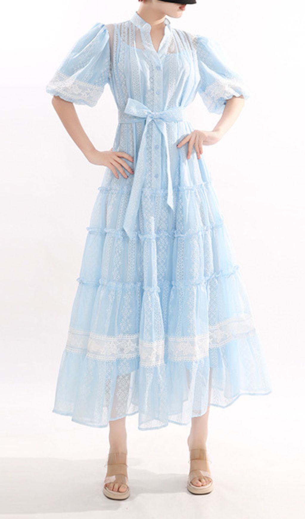 Jerilyn Dreamy Blue Lace Puff-Sleeve Tiered Midi Dress for Women