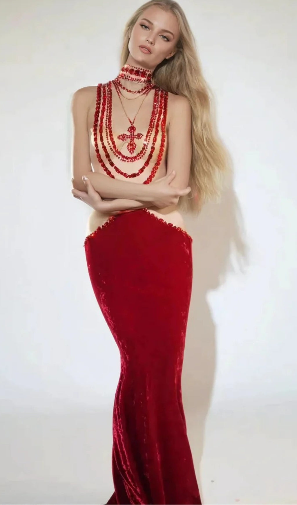 Shelyn Rhinestone Velvet Mermaid Maxi Dress In Red