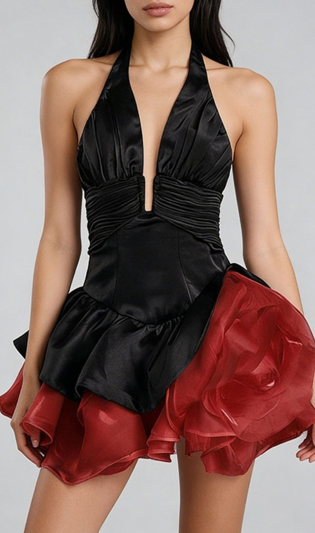 Keren Halter Deep V Mini Dress - Black & Red Blooming Rose Skirt