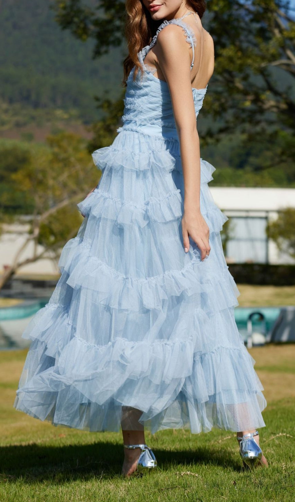 Blue Ruffle V Neck Sleeveless Tiered Tulle Maxi Dress