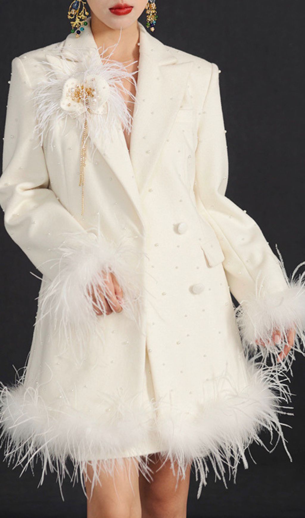 Hiba White Feather & Pearl Statement Blazer Dress