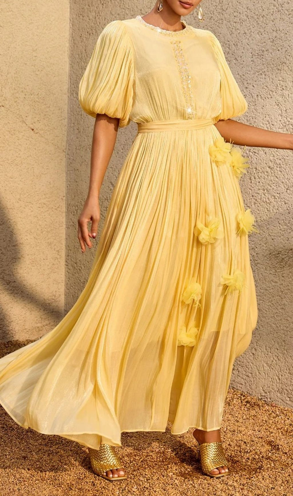 Istralion Puff Sleeve Flower Sequin Maxi Dress