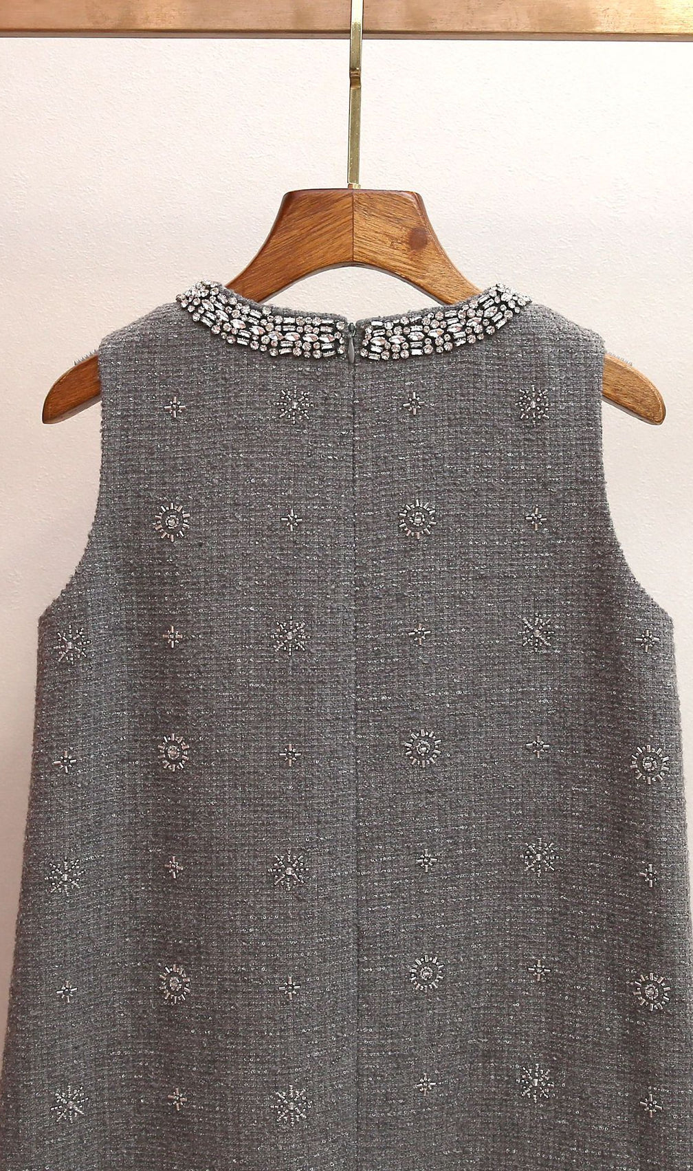 Hasana Sparkling Grey Tweed Sleeveless Mini Dress with Crystal Embellishments
