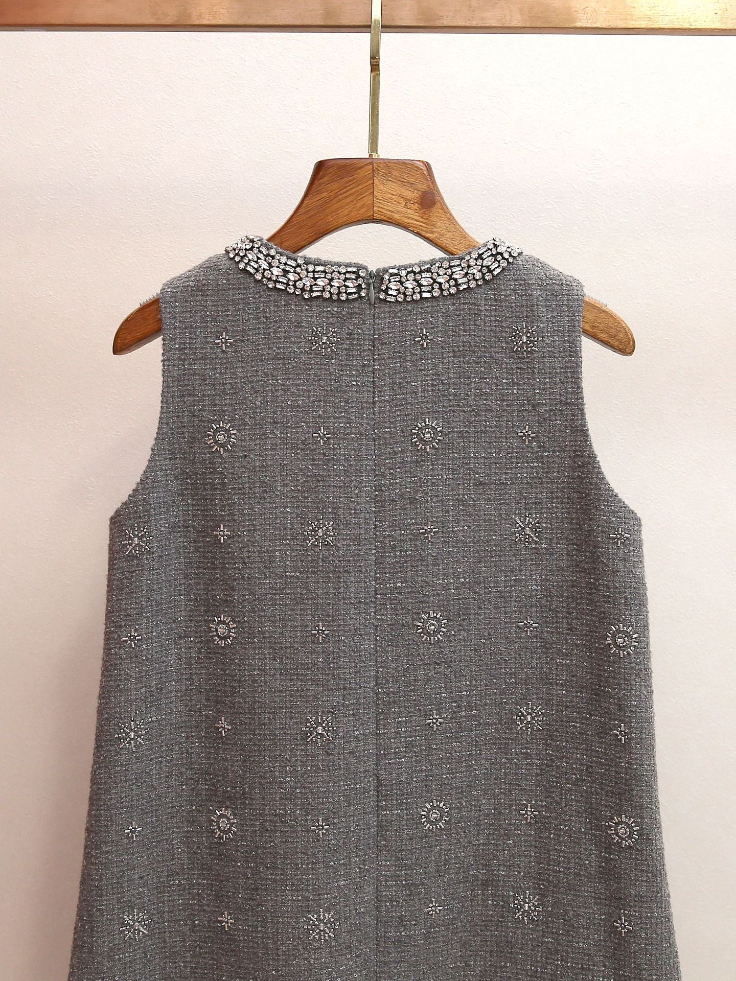 Hasana Sparkling Grey Tweed Sleeveless Mini Dress with Crystal Embellishments