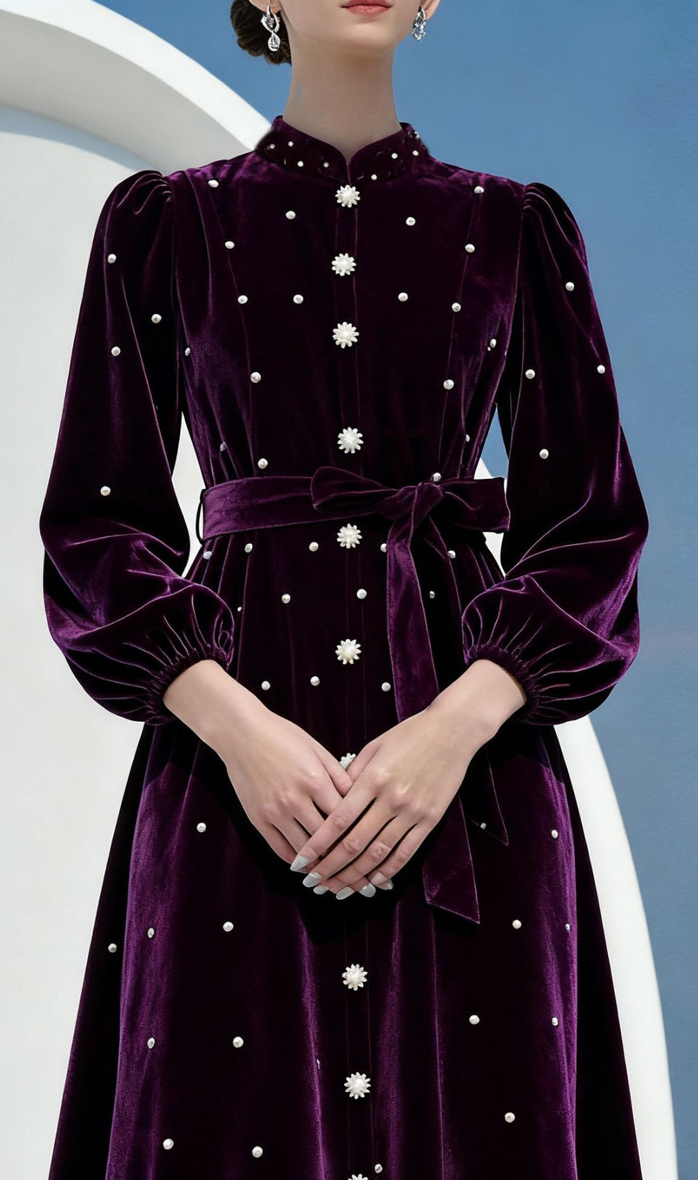 Iwalani Velvet Embellished Midi Dress - Long Sleeve Holiday Party Gown