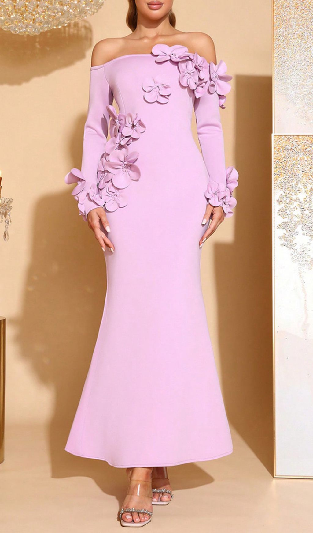 Elegant Lavender Off-Shoulder 3D Floral Mermaid Gown