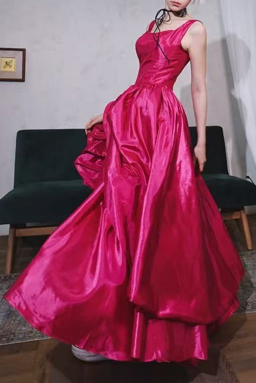 Showstopping Fuchsia Taffeta Ball Gown with 3D Floral Skirt - Square Neck Evening Dress