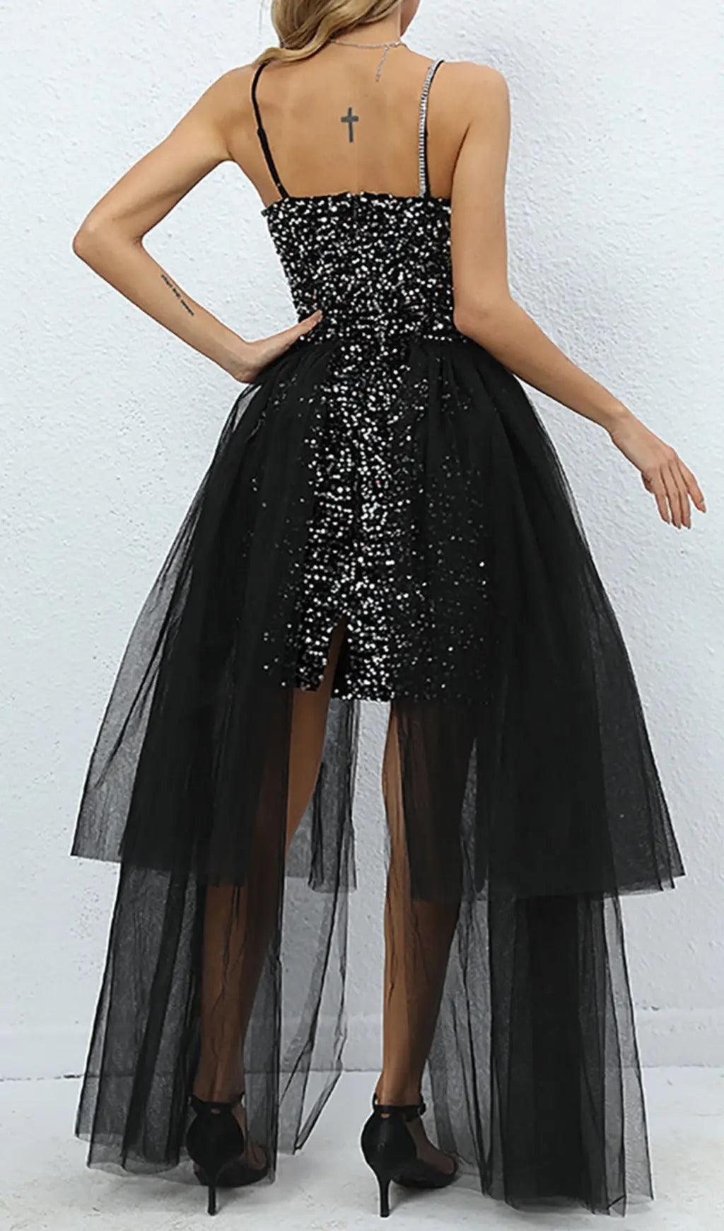 Strappy Sequin Mesh A-Line Dress