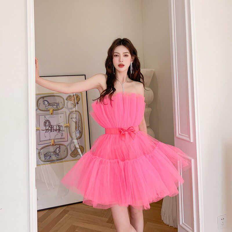 Dreamy Blush Pink Tulle Strapless Mini Dress | Bow Waist Party & Cocktail Dress