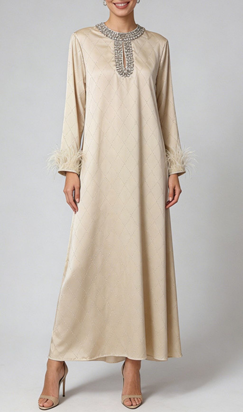 Karuka Opulent Embellished Feather Long Sleeve Maxi Dress