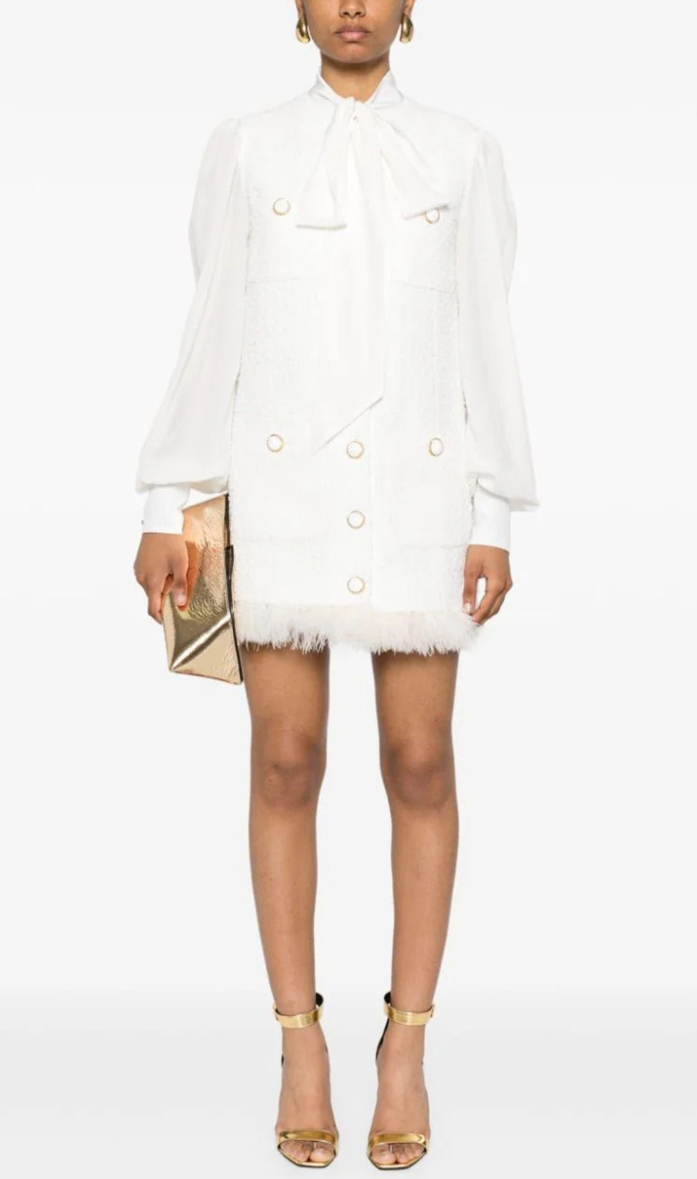 Bush White Feather-Trim Tweed Mini Dress