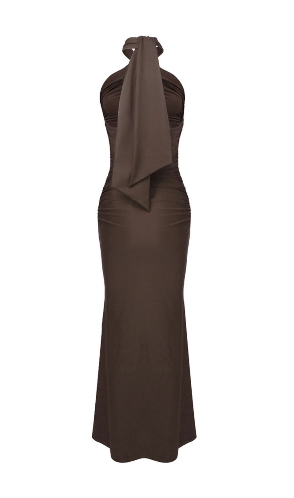 Ikuya Elegant Brown Halter Ruched Maxi Dress with Keyhole Cut-Out