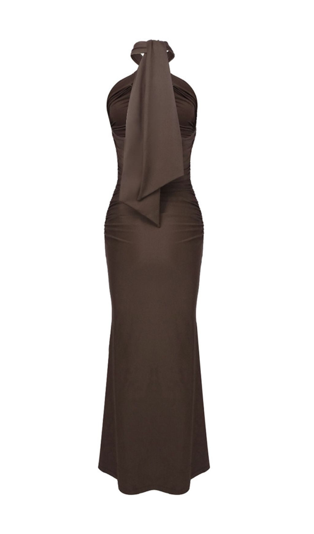 Ikuya Elegant Brown Halter Ruched Maxi Dress with Keyhole Cut-Out