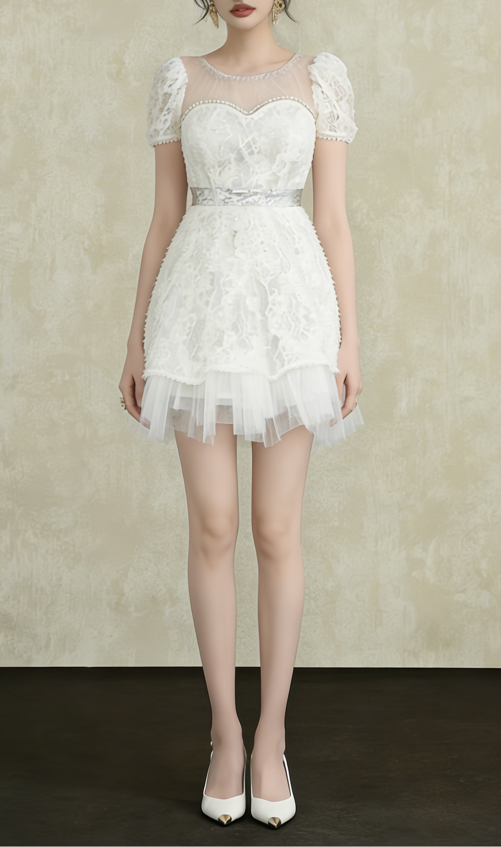 White Lace Sequin Puff Sleeve Mini Dress with Tulle Hem