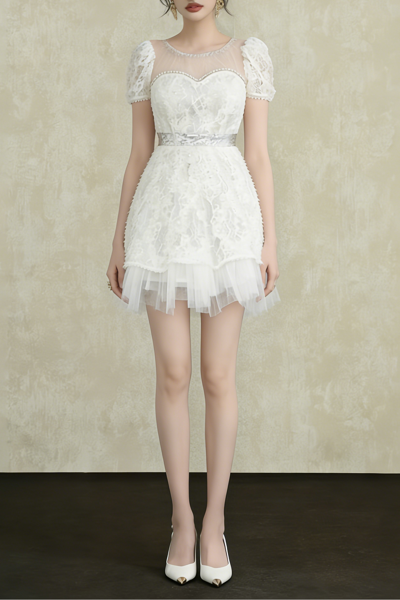 White Lace Sequin Puff Sleeve Mini Dress with Tulle Hem