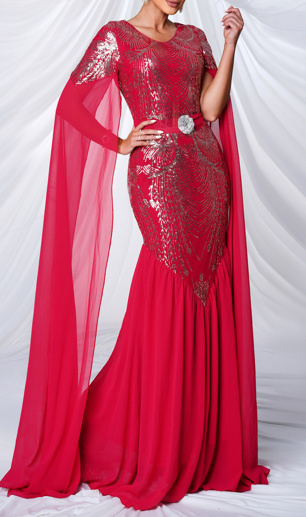 Gefjun Red Sequin Mesh Maxi Dress