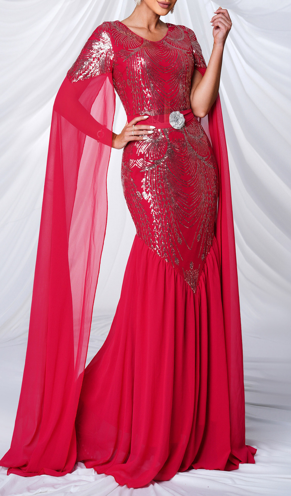 Gefjun Red Sequin Mesh Maxi Dress