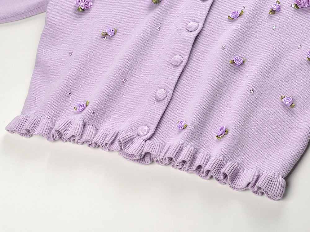 Romantic Lilac Floral Appliqué Knit Cardigan & Midi Dress Set