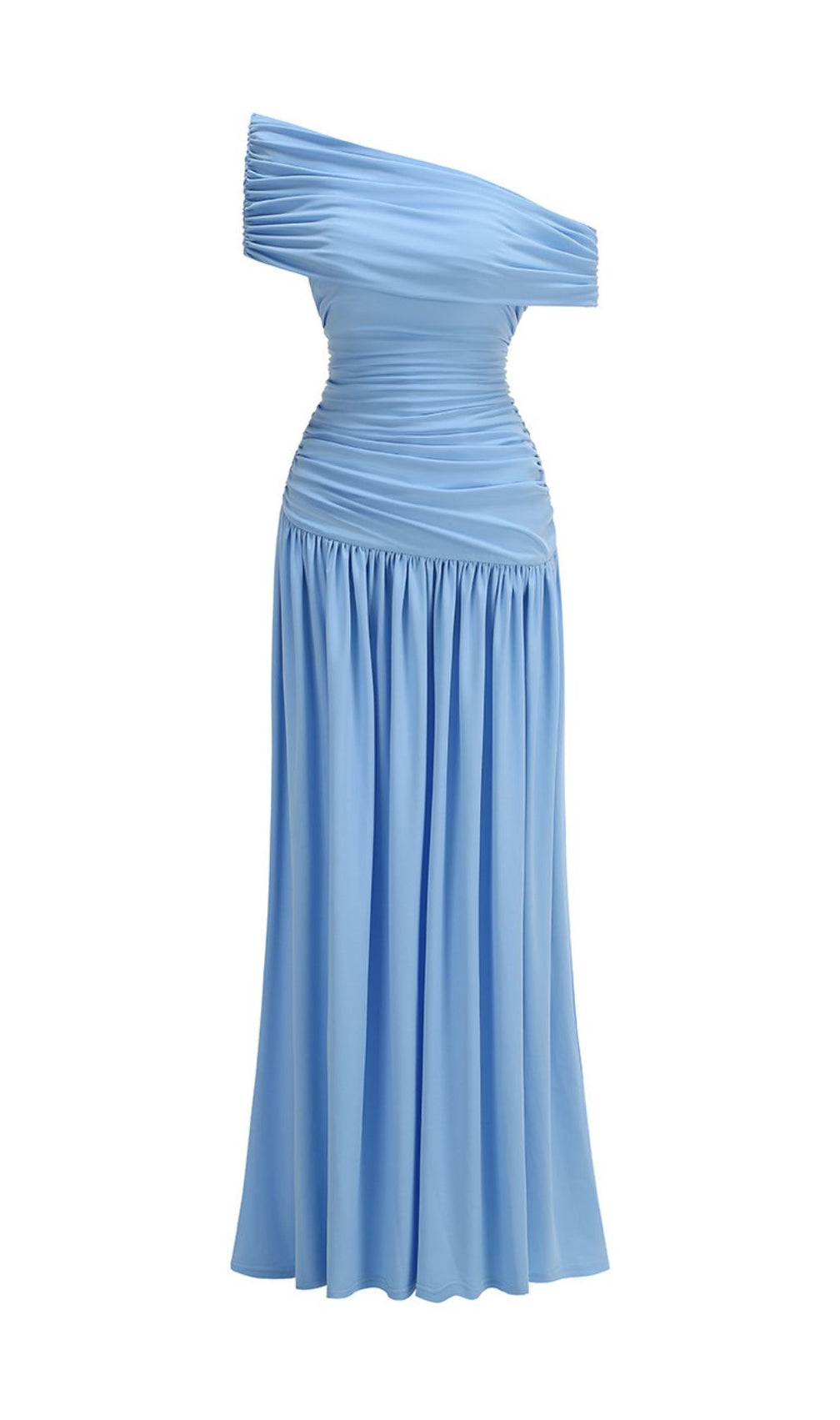 Josefa Sky Blue Ruched Off-Shoulder Maxi Dress with High Slit
