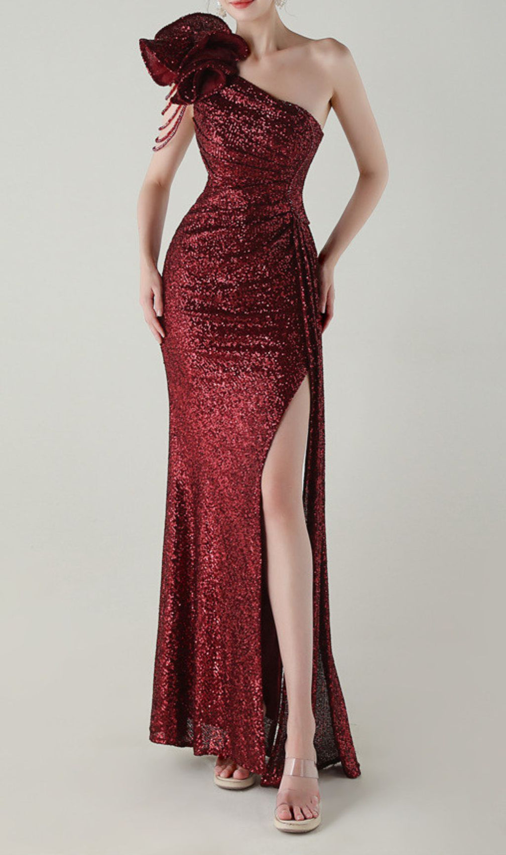 Ikia Glamorous Red Sequin One-Shoulder Maxi Dress with High Slit