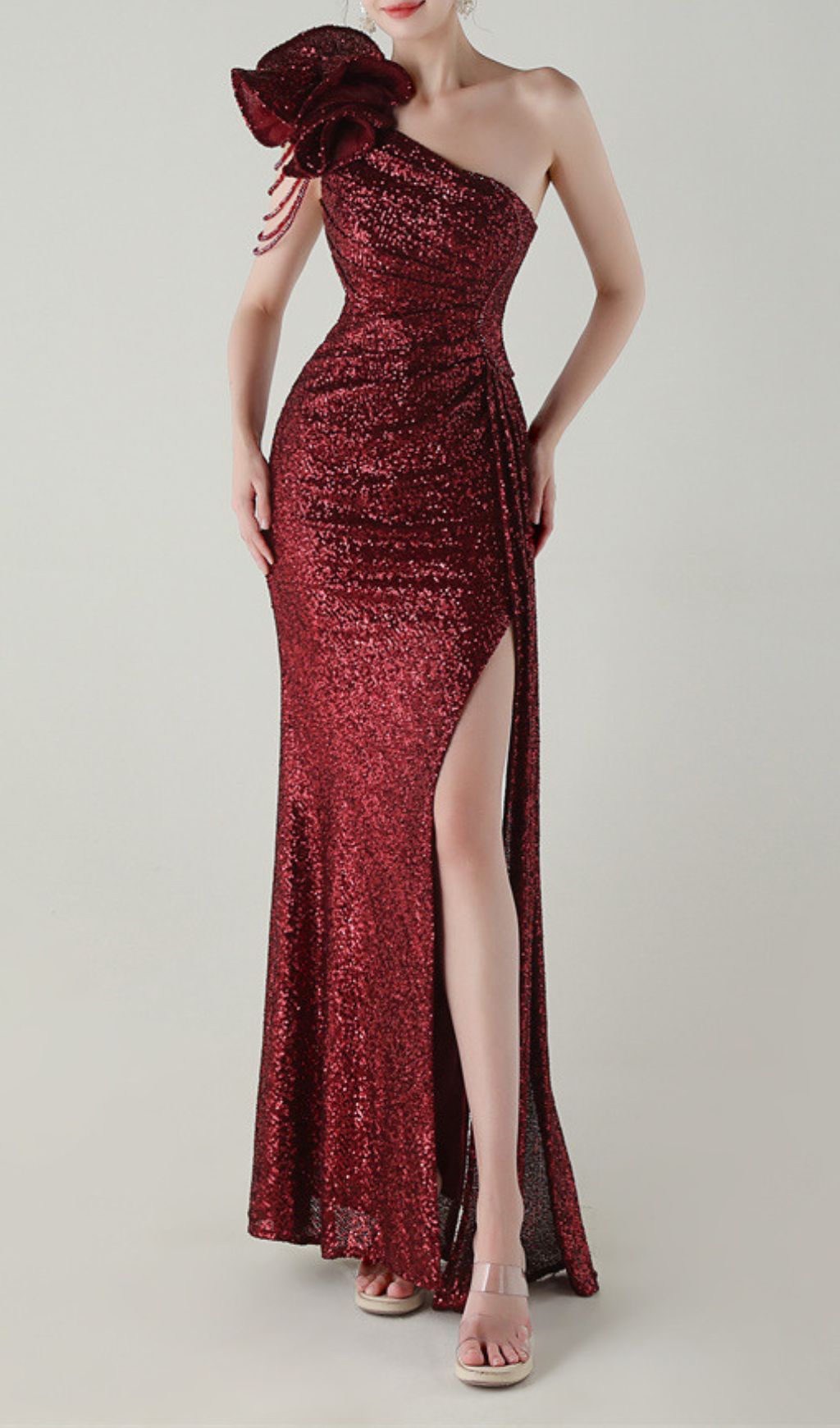 Ikia Glamorous Red Sequin One-Shoulder Maxi Dress with High Slit