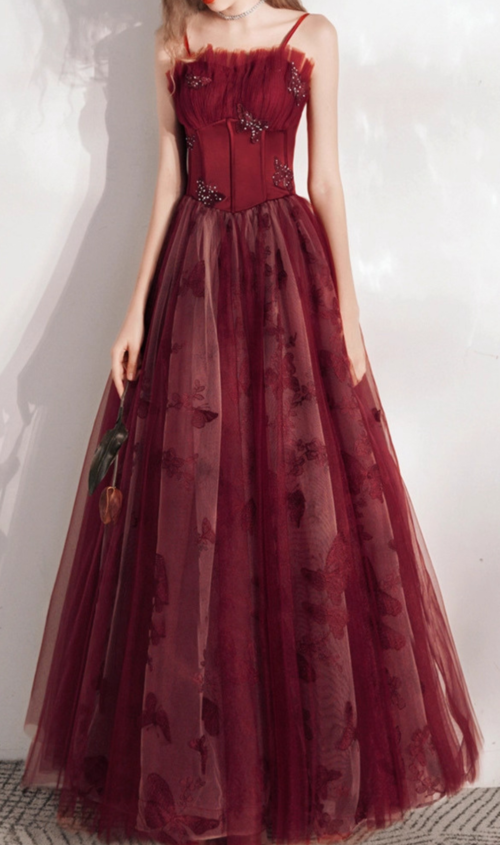 Harriet Red Butterfly Corset Mesh Maxi Dress