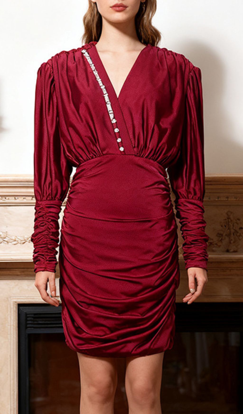 Isaline Elegant Red Ruched Mini Dress | Long Sleeve Party & Date Night