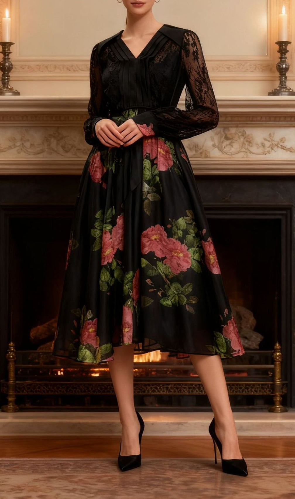 Isaye Elegant Black Floral Lace Midi Dress - Long Sleeve Wrap Style