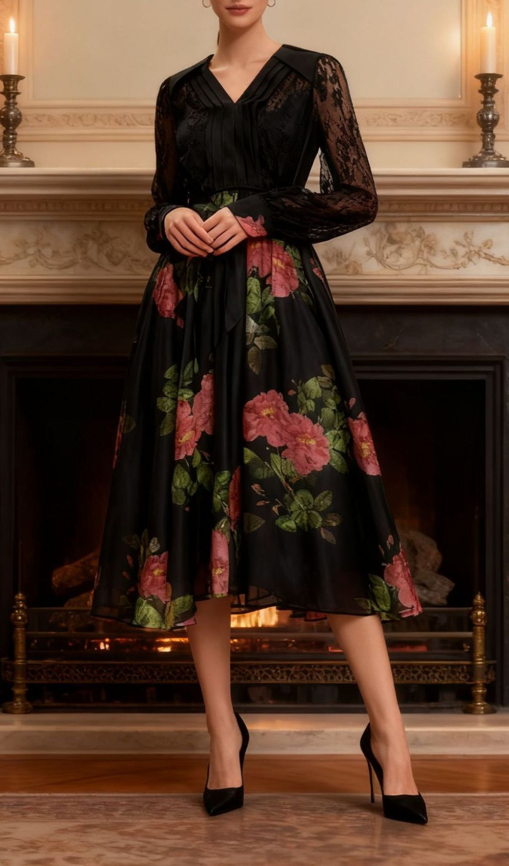 Isaye Elegant Black Floral Lace Midi Dress - Long Sleeve Wrap Style