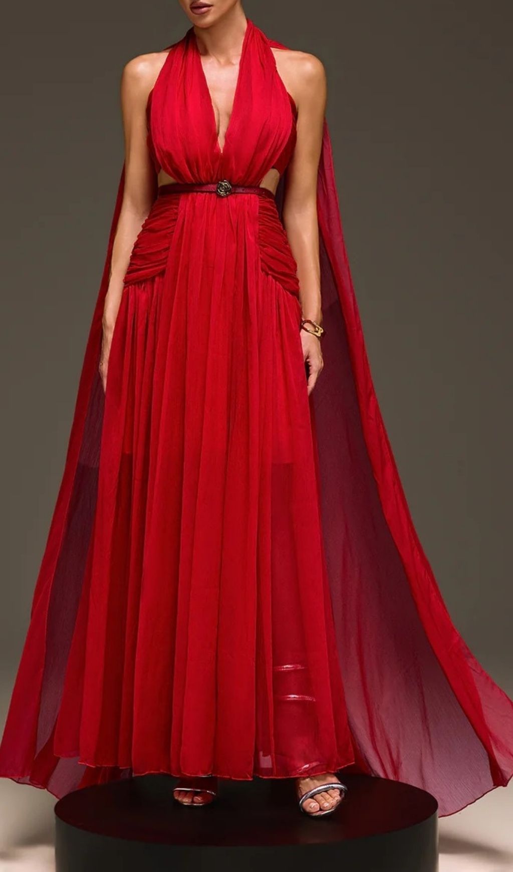 Galthera Red Plunge Neck Cape Maxi Dress - The Ultimate Statement Gown