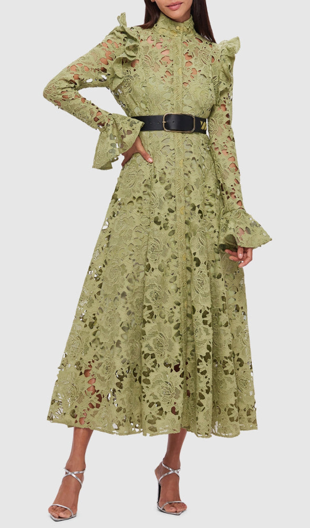Adora Olive Lace Sleeve Midi Dress