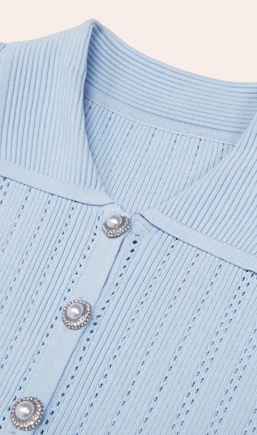 Khosrow Light Blue Knit Peplum Mini Dress with Delicate Lace Trim