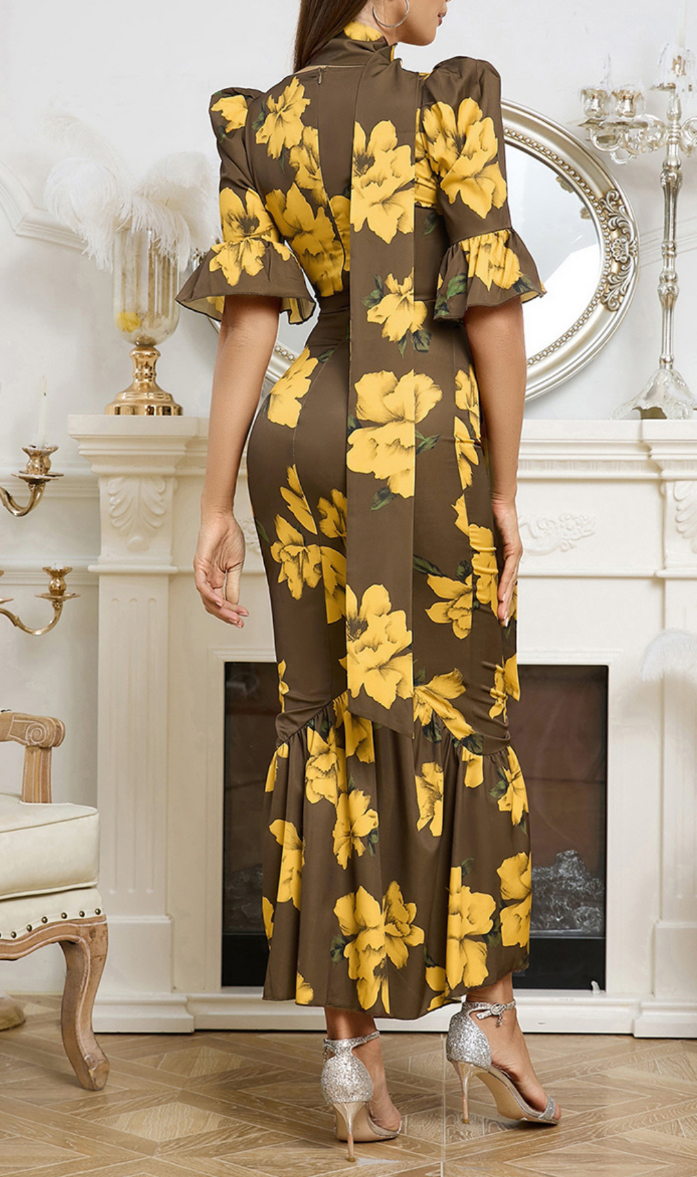 Puff Sleeve Retro Tube Top Printed Ruffle Maxi Dress