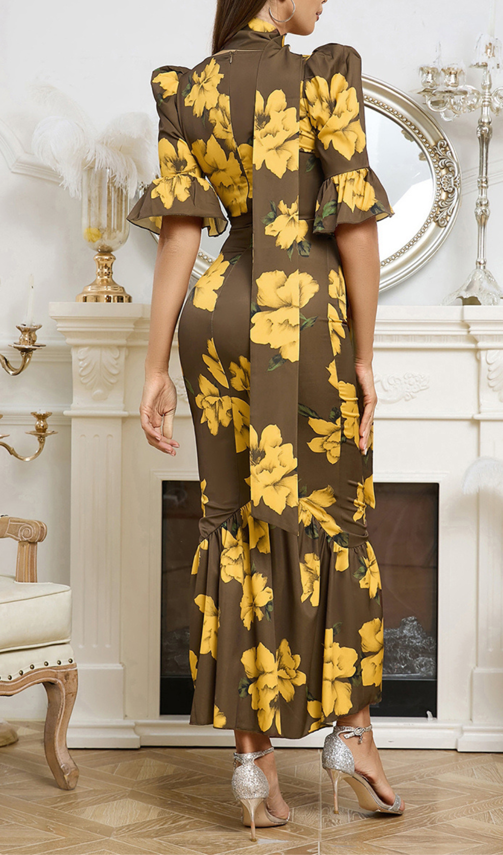 Puff Sleeve Retro Tube Top Printed Ruffle Maxi Dress