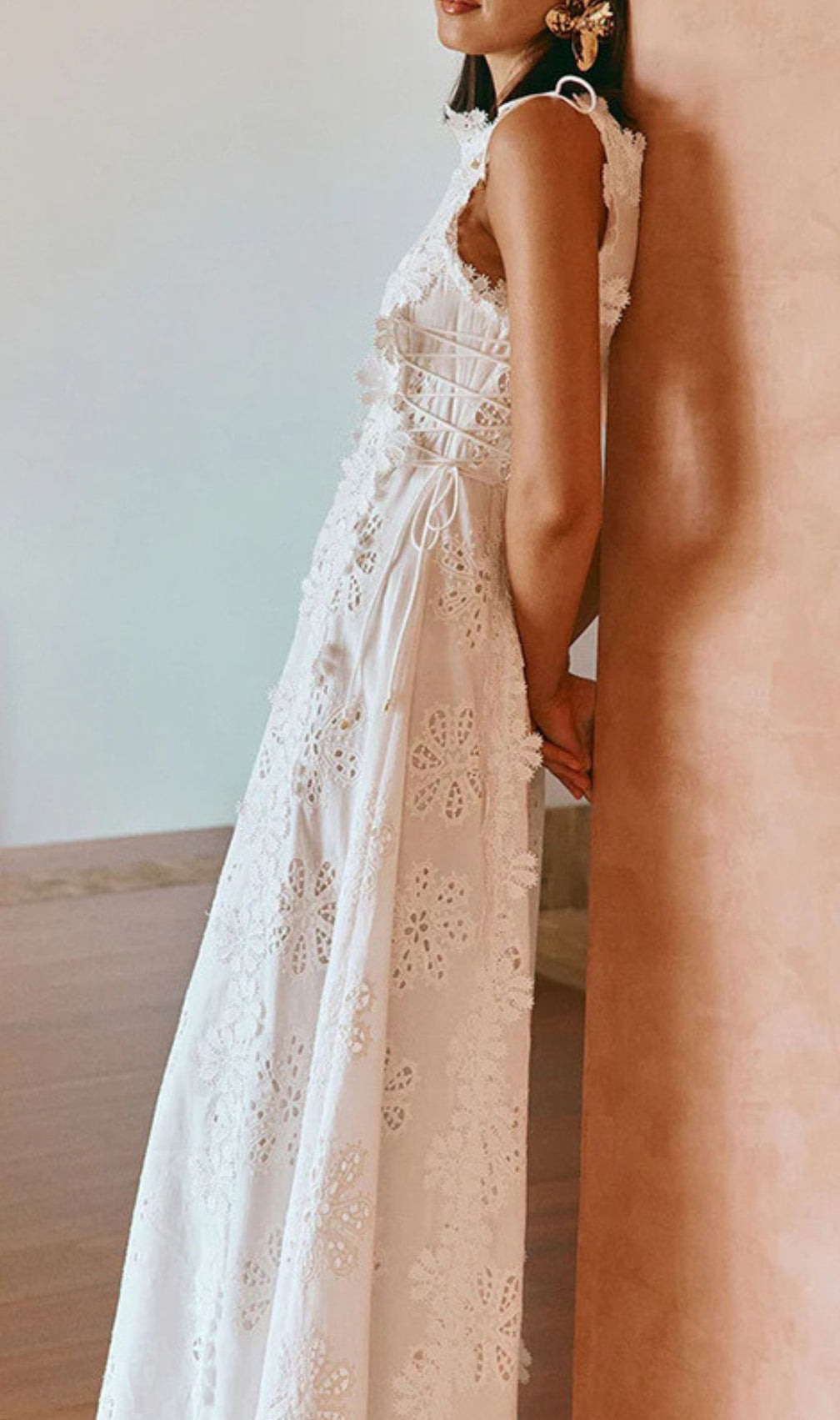 Fabiola White Flower Embroidery Maxi Dress