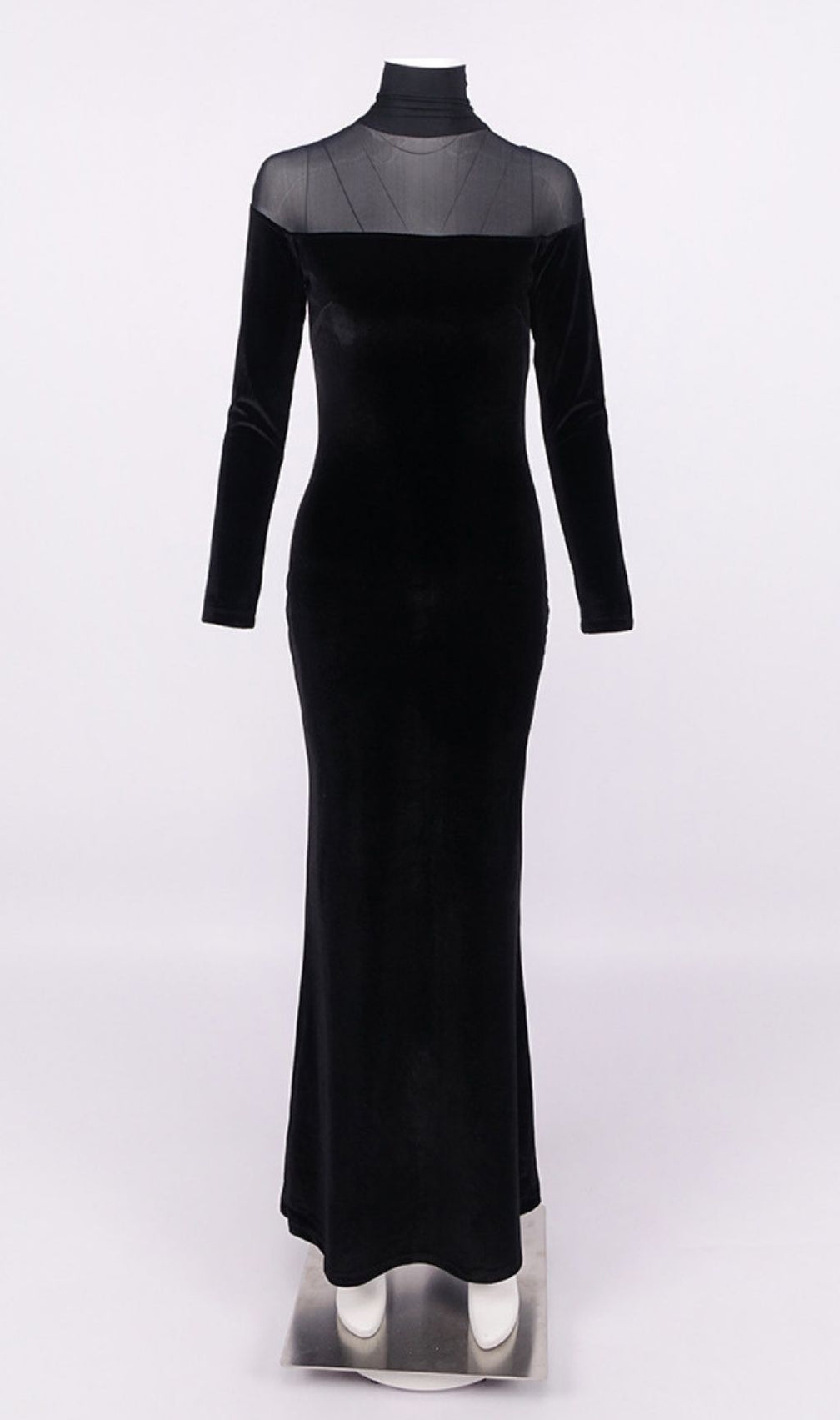 Katie Black Velvet & Mesh Long Sleeve Maxi Dress | Elegant Evening Gown