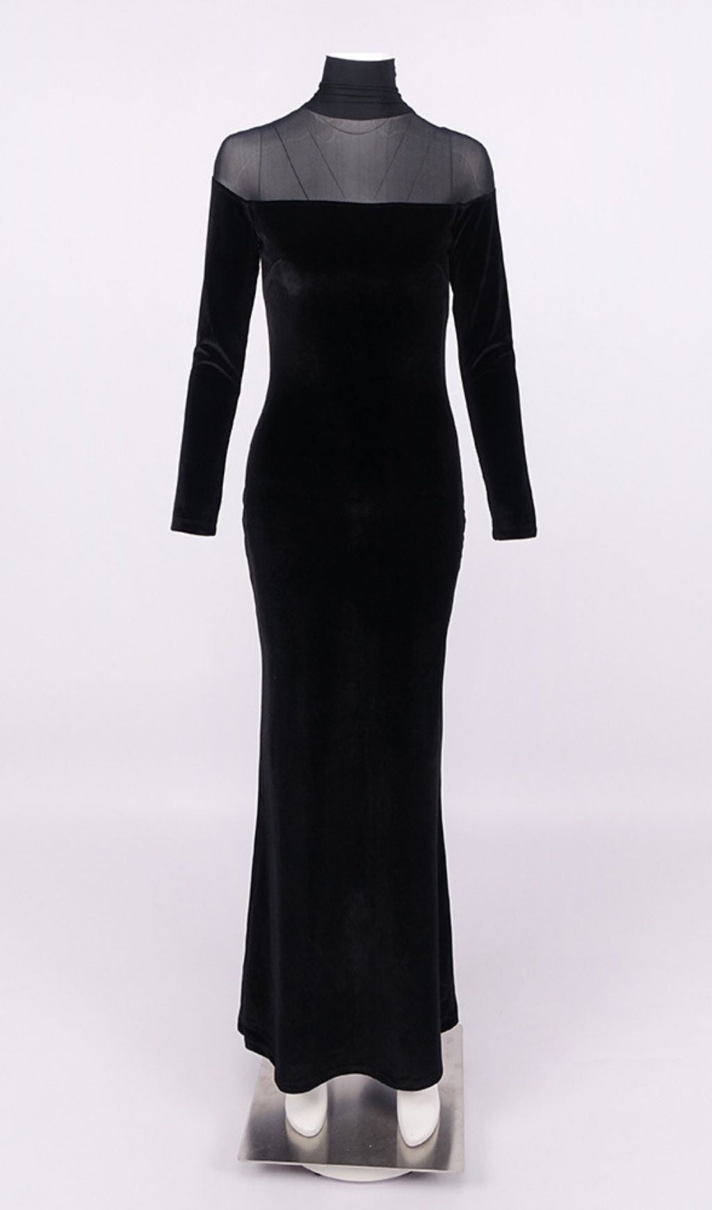 Katie Black Velvet & Mesh Long Sleeve Maxi Dress | Elegant Evening Gown