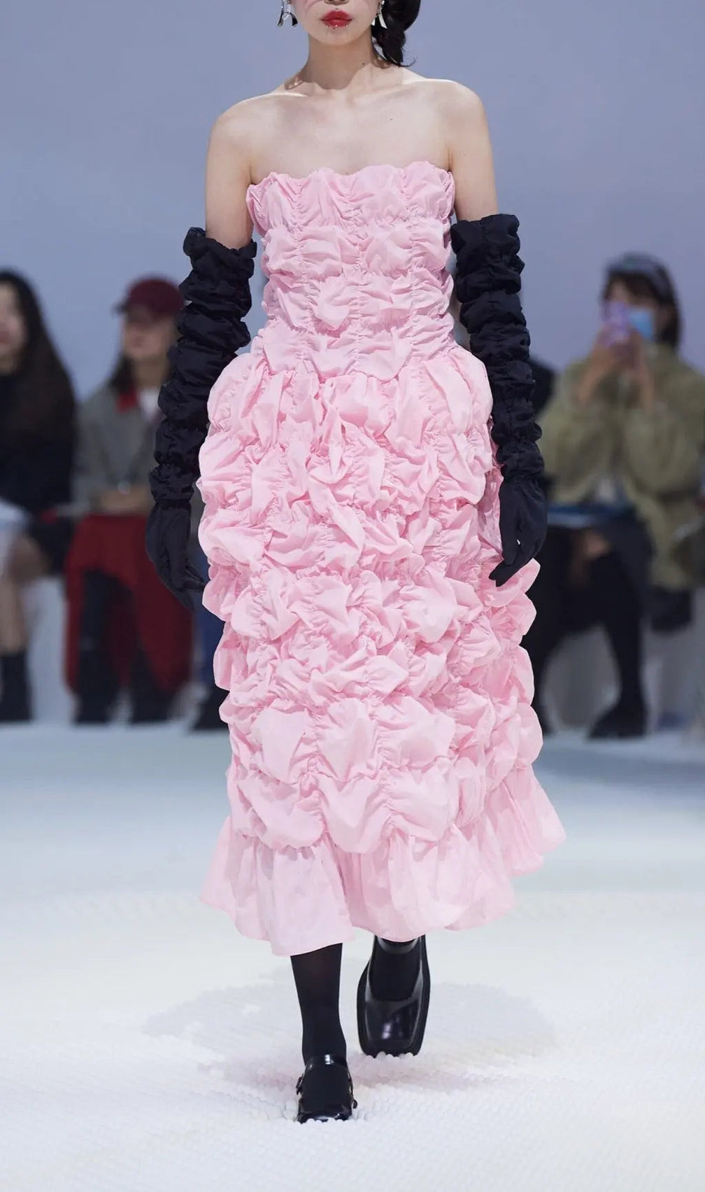 Folding Ruffled Midi Dress In Pink