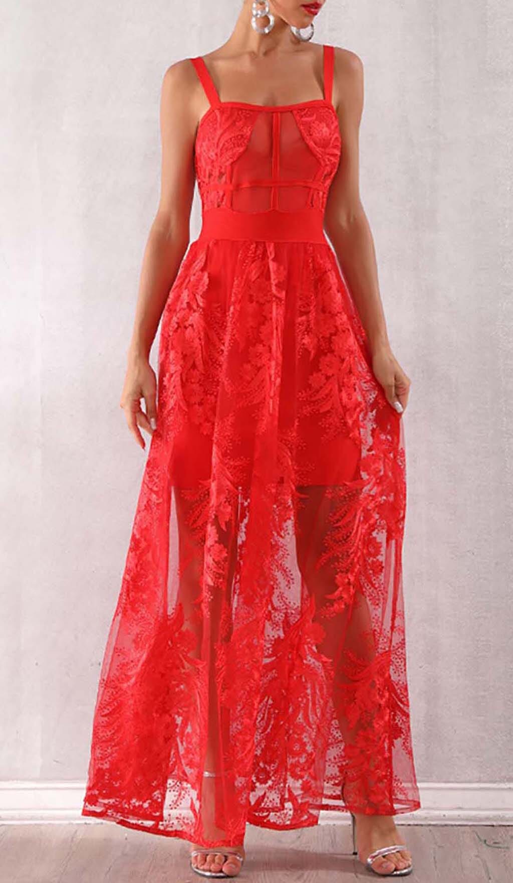 Floral Corset Lace Maix Dress In Red
