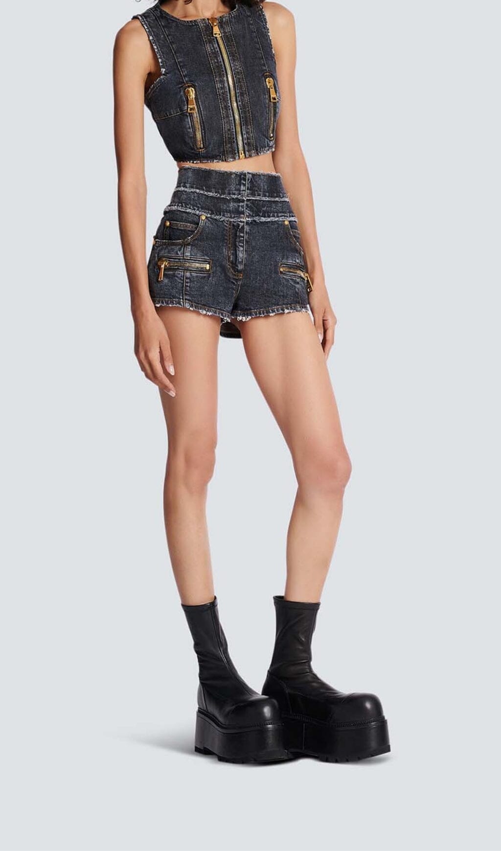 High-Waisted Faded Denim Two Pieces Set