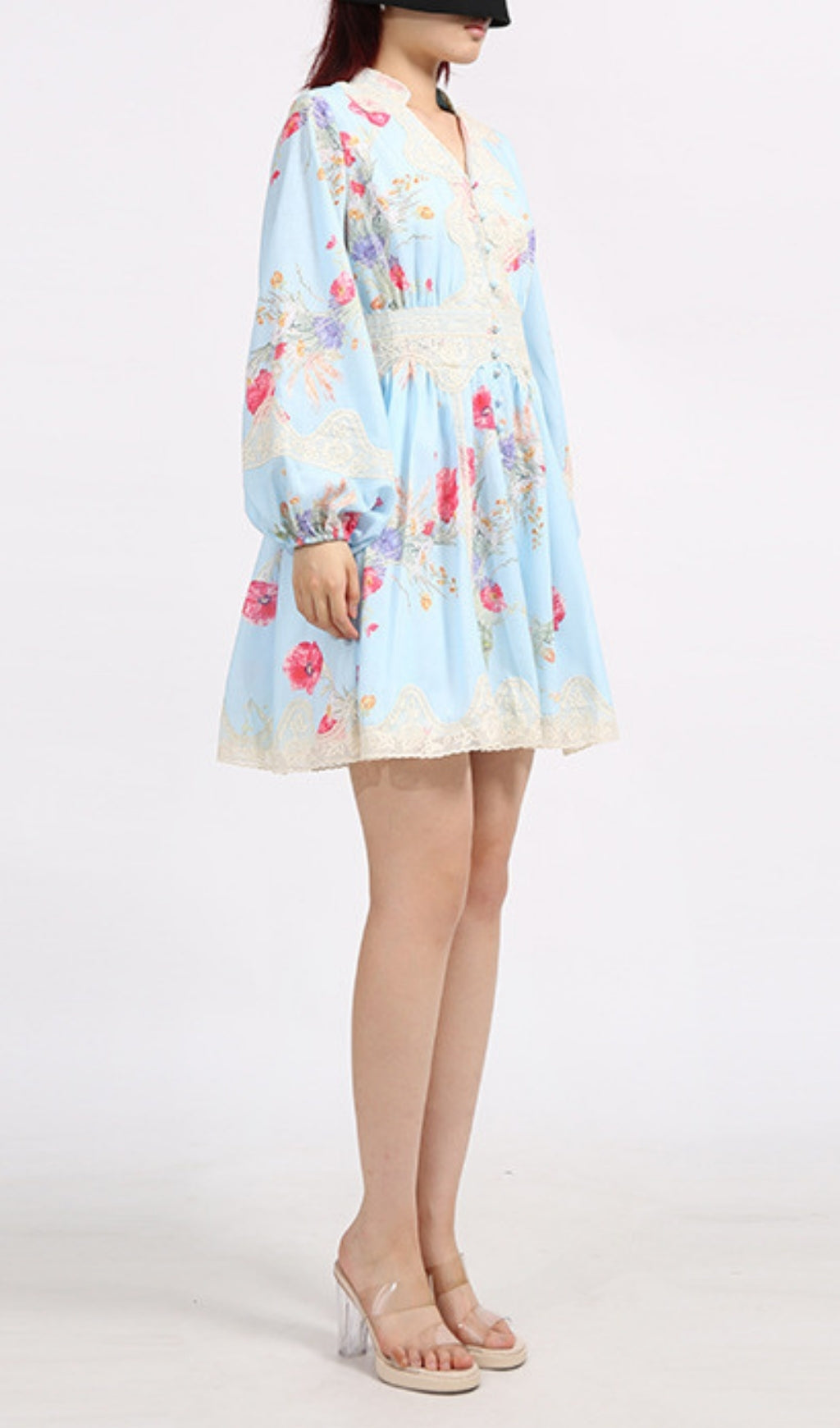 Eko Blue Floral Printed Long Sleeve Mini Dress