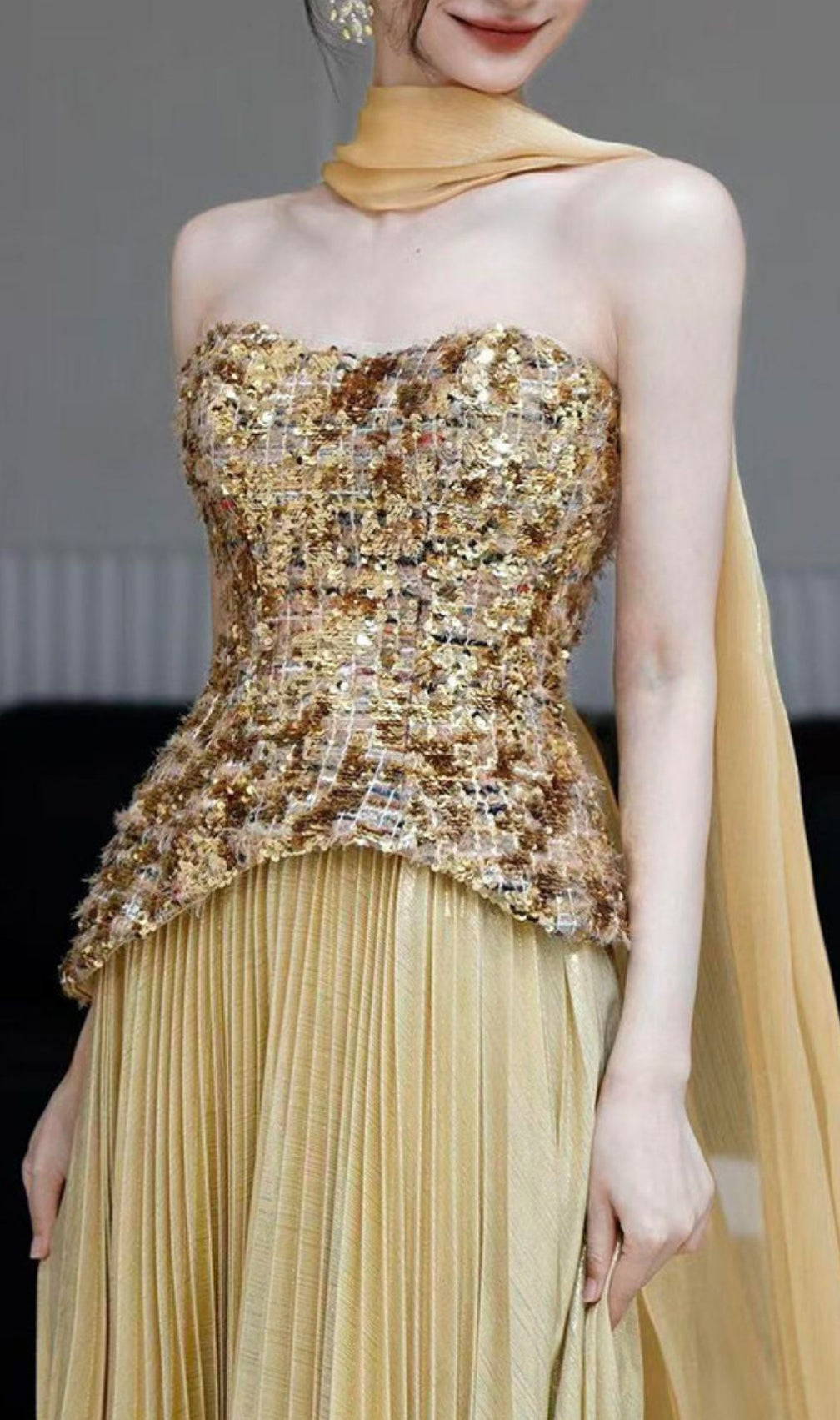 Kriti Gold Strapless Pleated Maxi Dress