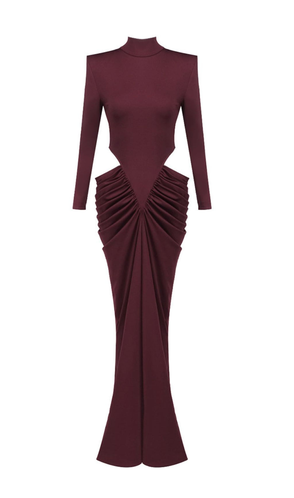 Jera Wine Elegant Cutout Ruched Maxi Dress - Long Sleeve Evening Gown